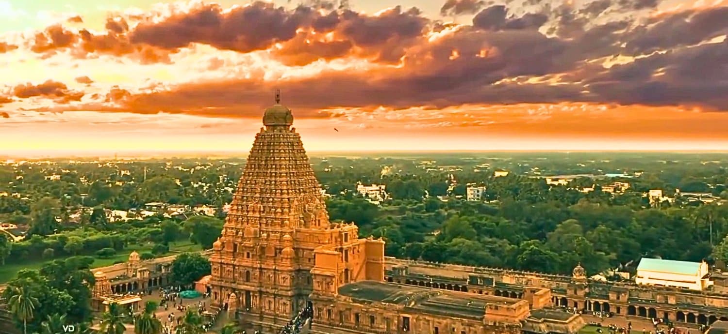 The Brihadeeswarar temple at Thanjavur at sunset, its vimana rising above the town