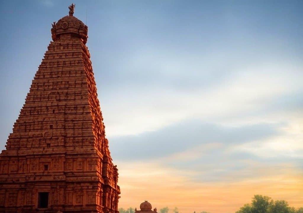 A gopuram of the Thanjavur temple complex against an evening sky