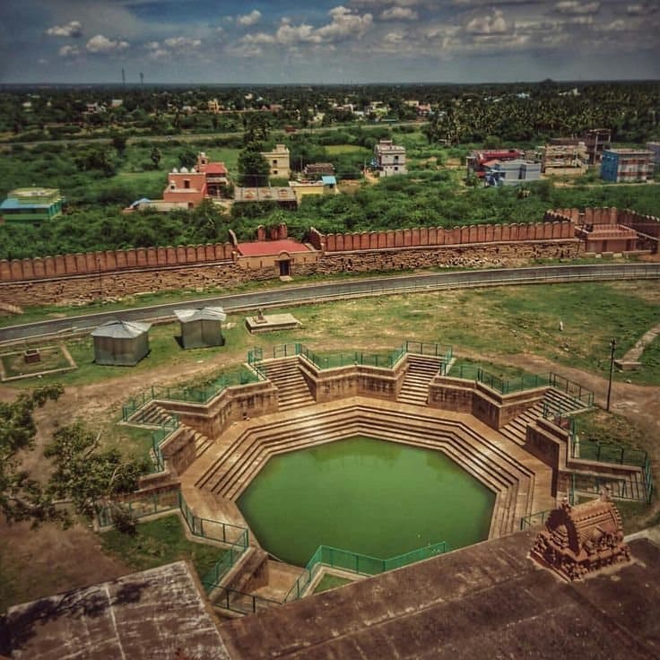 Thirumayam fort and its temple tank in Pudukkottai district, seen from above